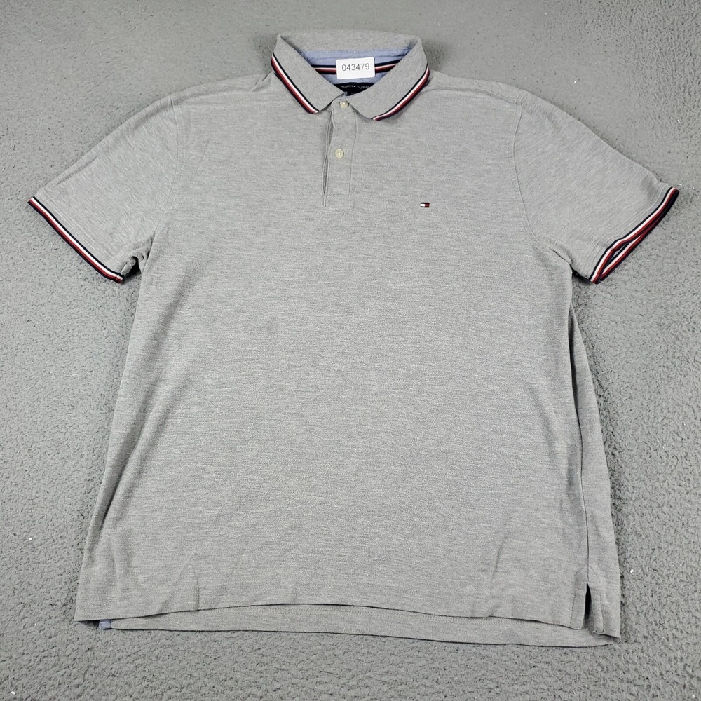 Tommy Hilfiger Mens Large Gray Short Sleeve Tipped Polo Shirt Regular Fit